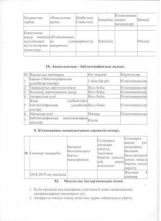 Кітапхананың 2018-2019 оқу жылында атқарылатын жылдық жоспары