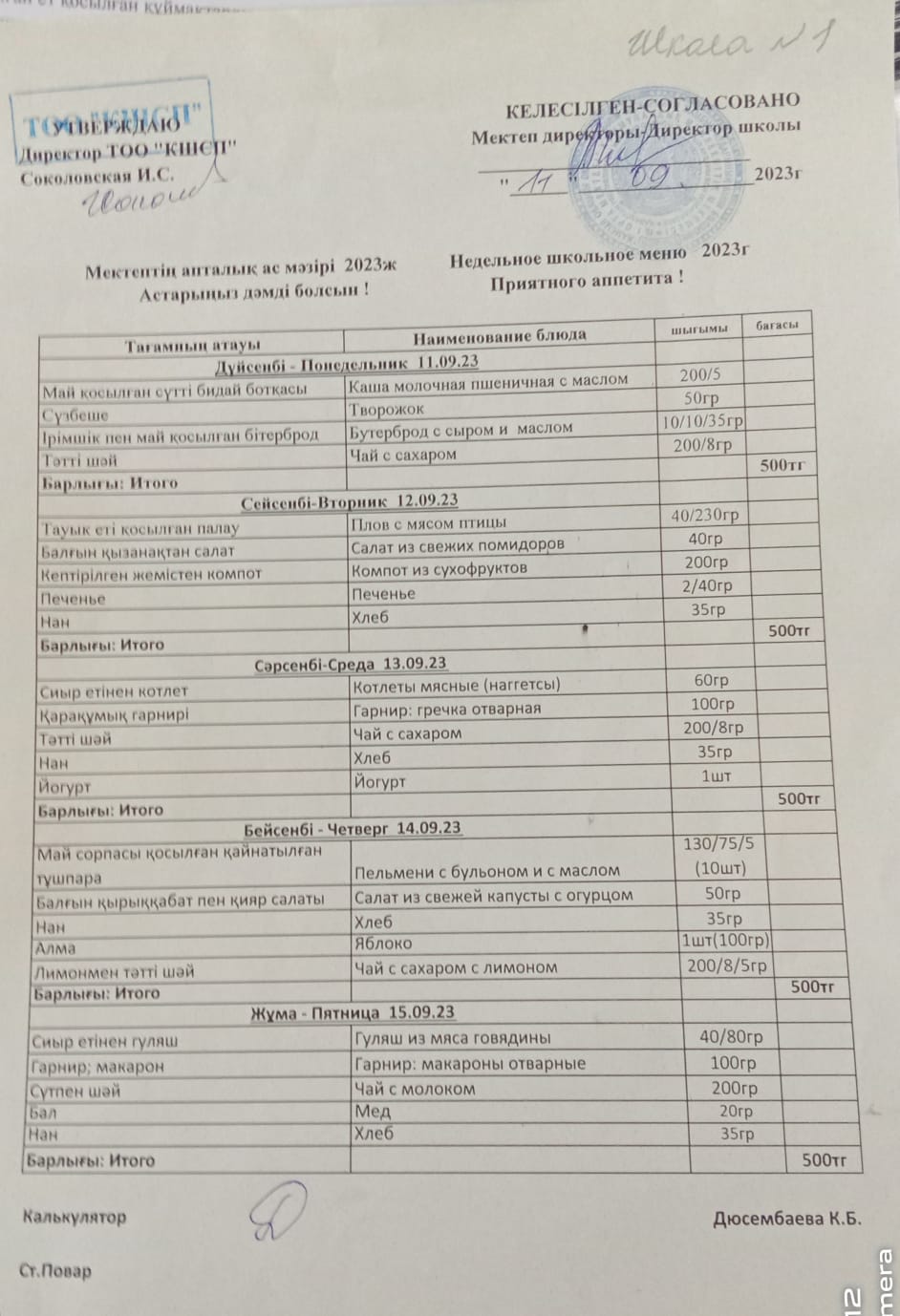 ыстық тамақ мәзірі
