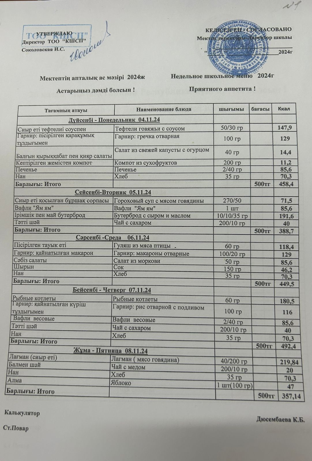 Ыстық тамақ мәзірі