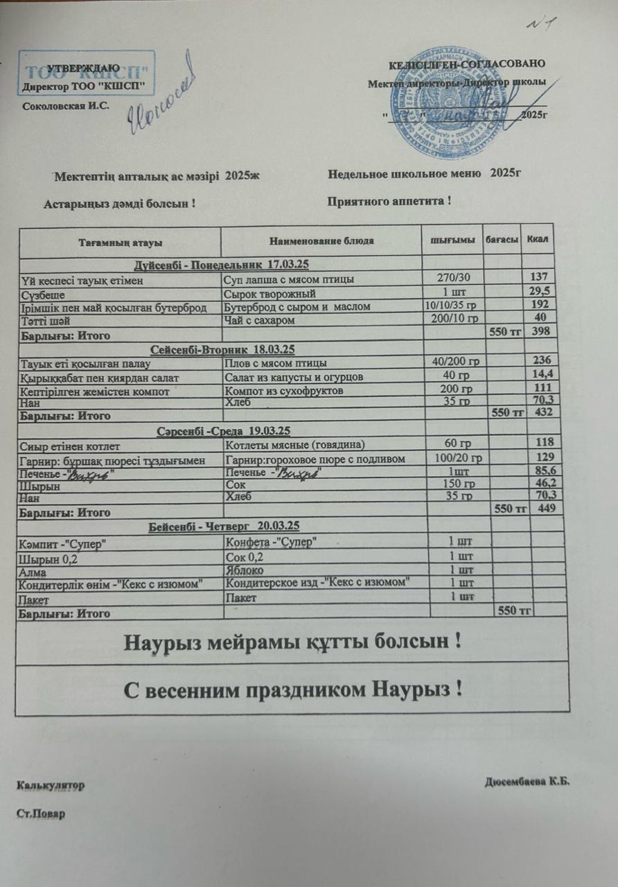 Ыстық тамақ мәзірі
