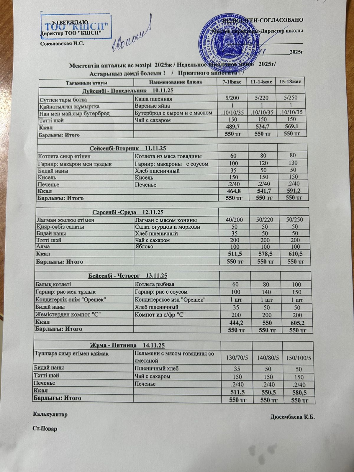 Ыстық тамақ мәзірі