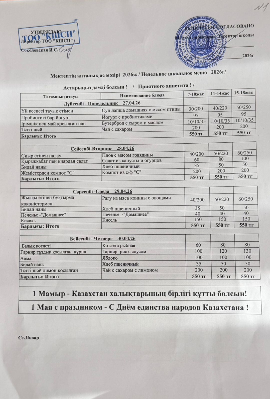 Ыстық тамақ мәзірі
